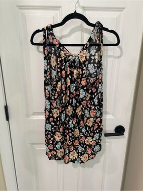 Floral Sleeveless V-Neck Tank Top - Black with Coral & Aqua Flowers